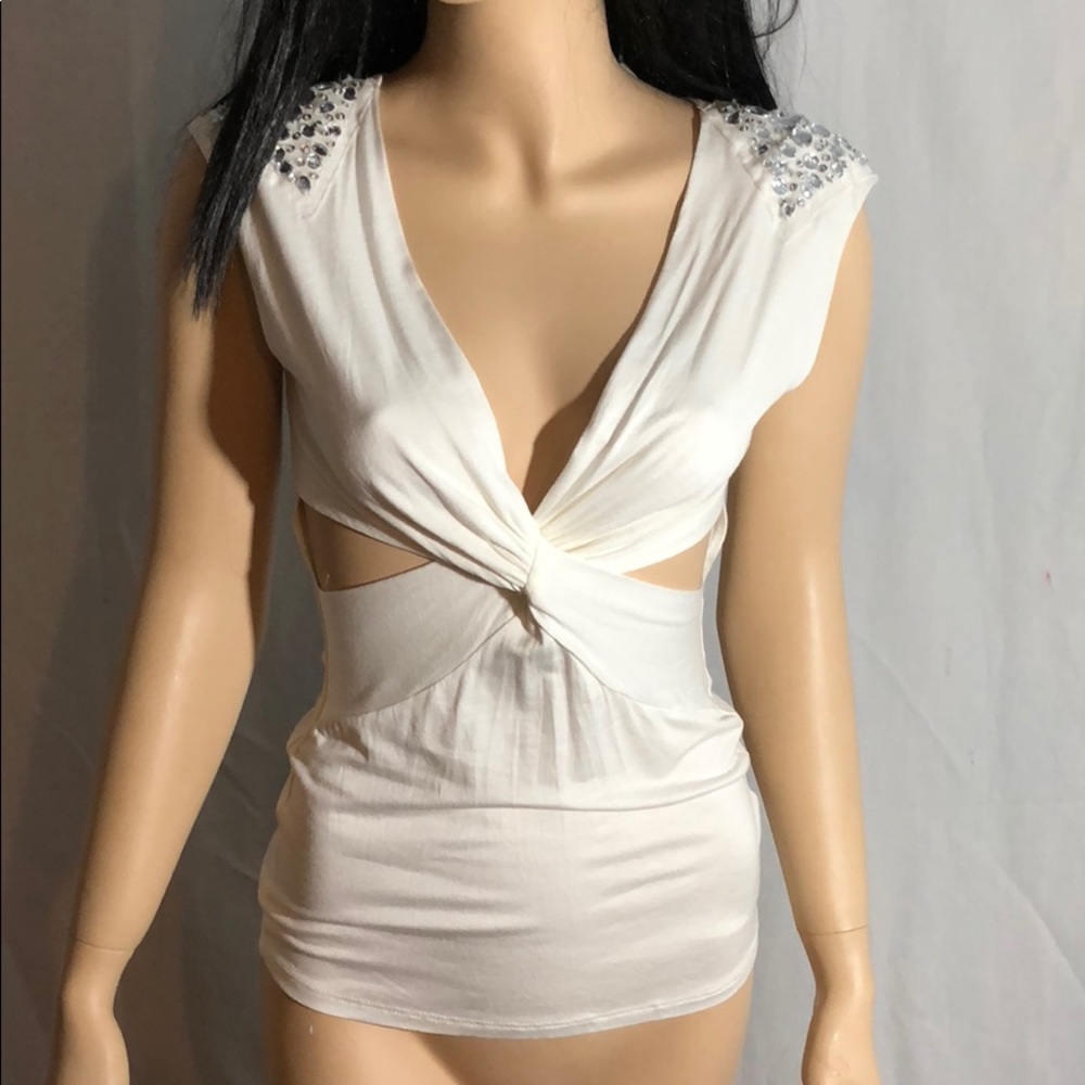 V neck embellished top with side cut outs